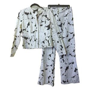Vintage Ron Leal Black And White Floral Abstract Flare Pants Set Size 8